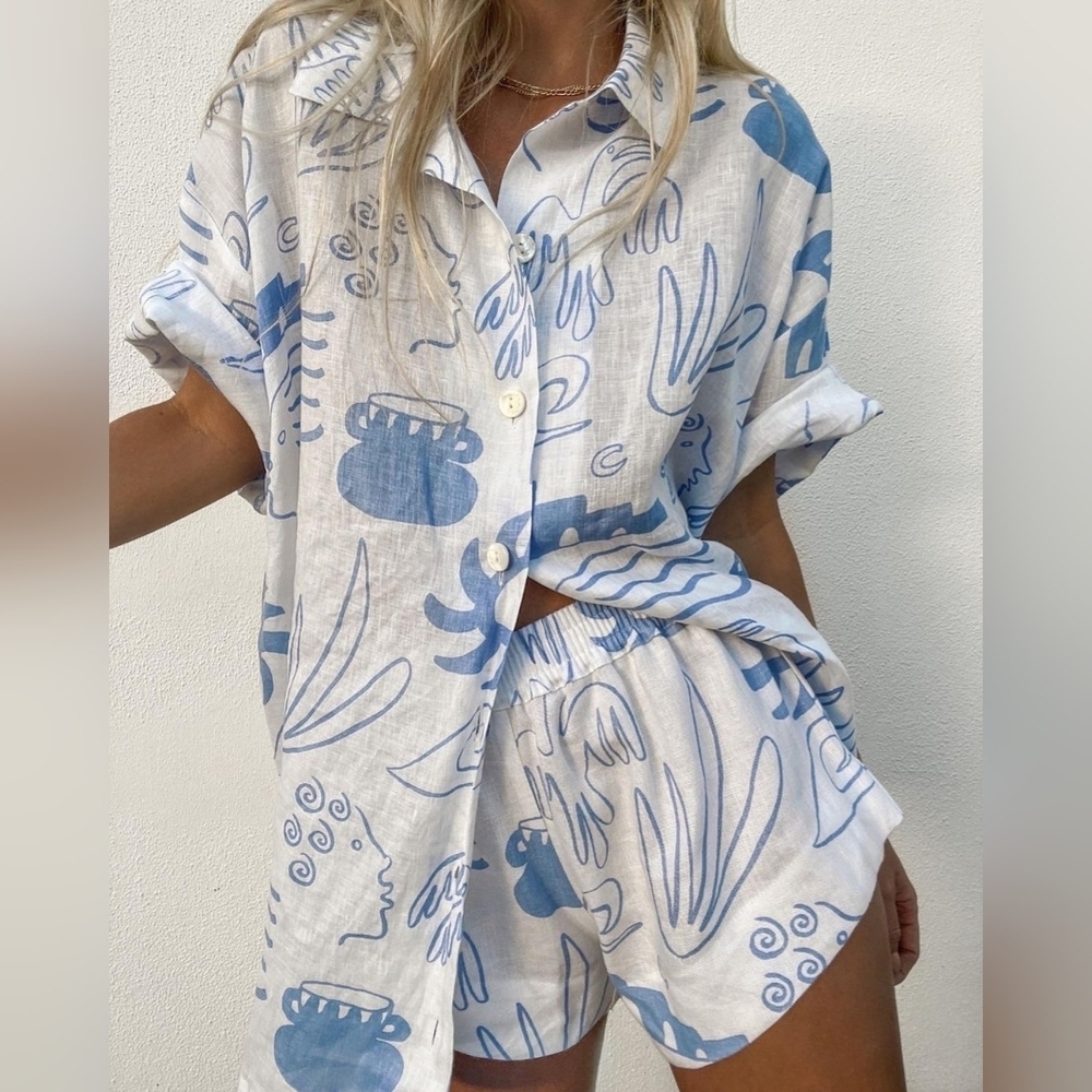 Maurie And Eve Blue White Printed 100% Linen Oversized Button-Up Shirt Coastal